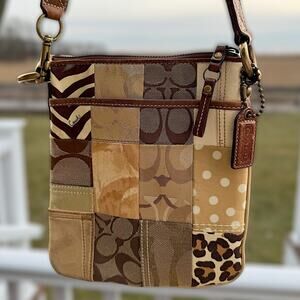 VTG COACH Patchwork Crossbody Bag Signature Y2K Logo | Tan Brown Leopard